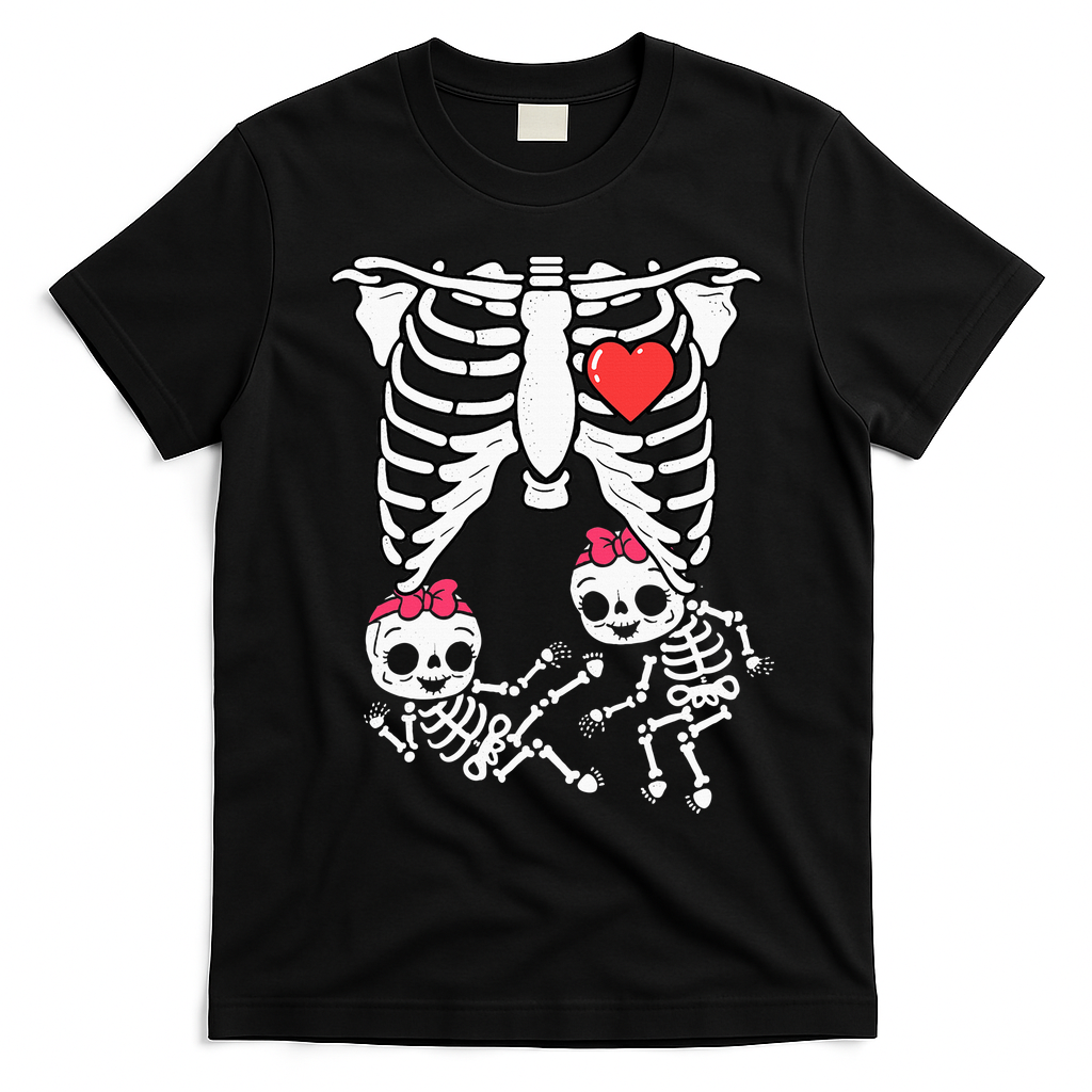 Skeleton Pregnancy Twins XRay Pregnant Halloween T-Shirt - Black