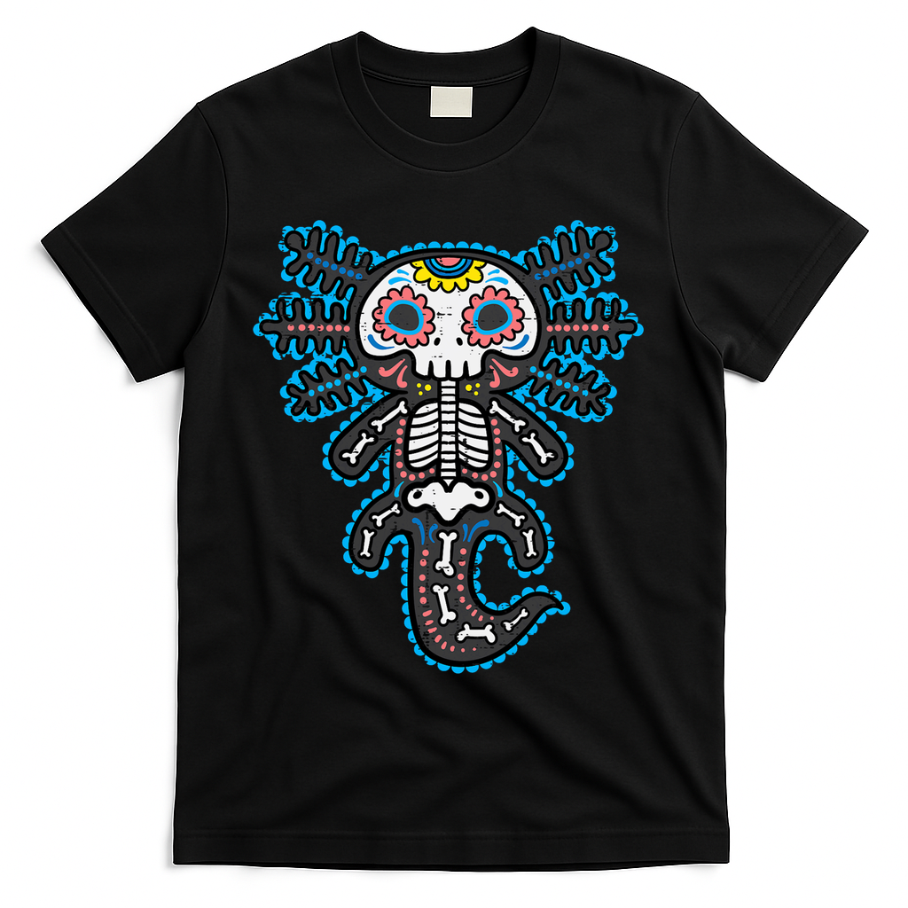 Sugar Skull Axolotl Skeleton Halloween Dia De Los Muertos T-Shirt - Black