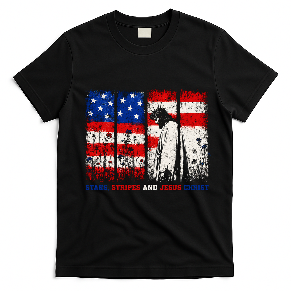 Stars Stripes And Jesus Christ Patriotic T-Shirt - Black
