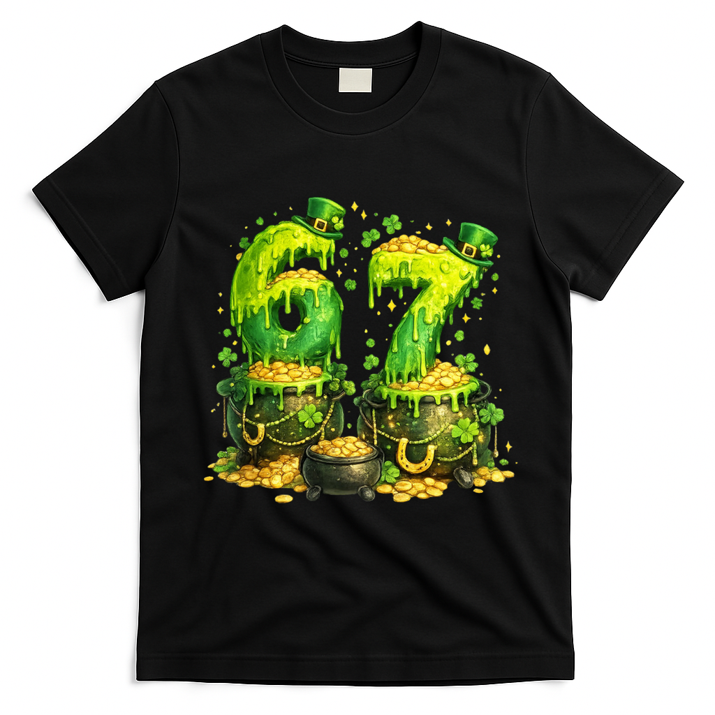 Six Seven Meme 67 St Patricks Day Shamrock T-Shirt - Black