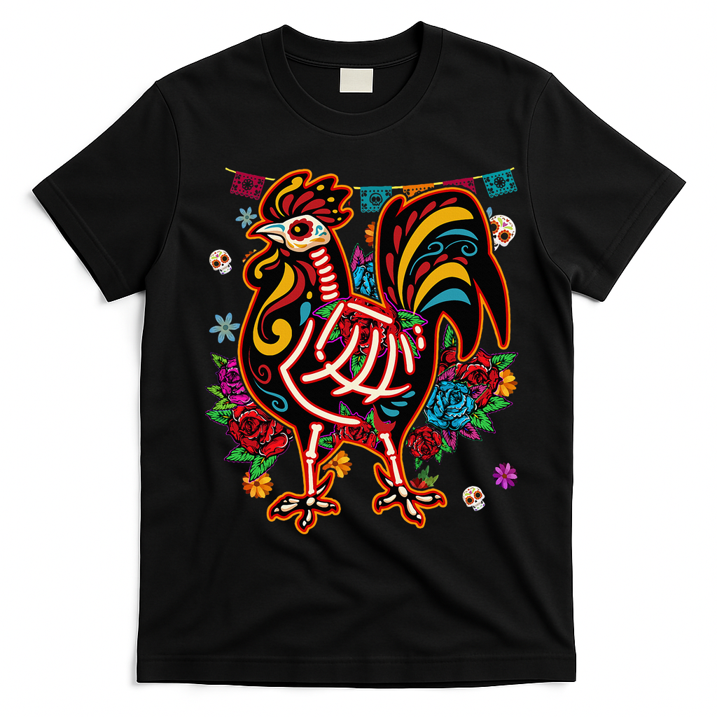 Sugar Skull Mexican Chicken Bone Halloween Day Of Dead T-Shirt - Black