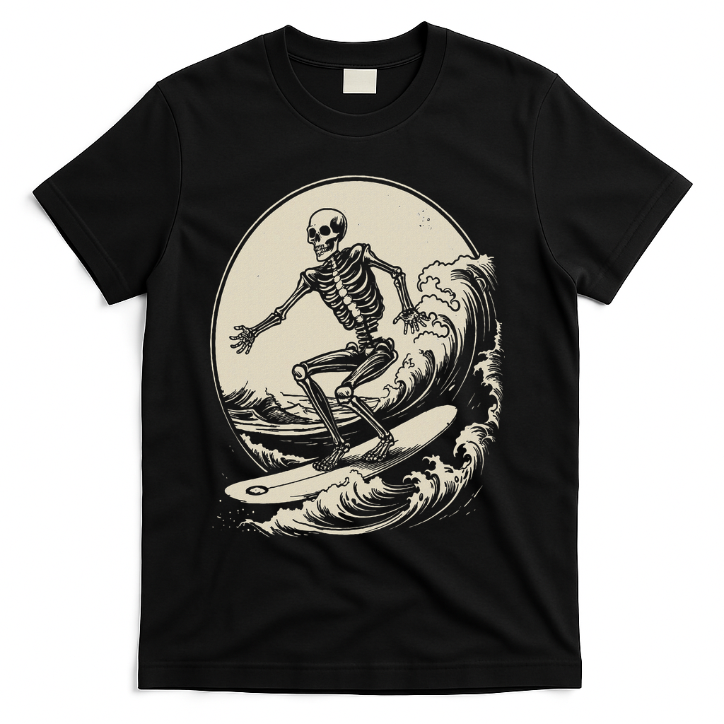 Skeleton Surfer Vintage Big Wave Surfing Funny Halloween T-Shirt - Black