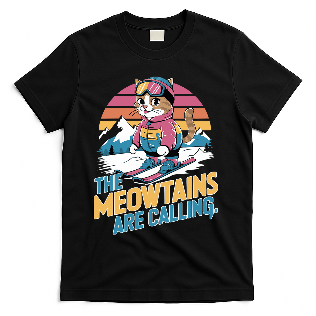 The Meowtains Are Calling Cat Lover Cool Snowboard Ski Lover T-Shirt - Black