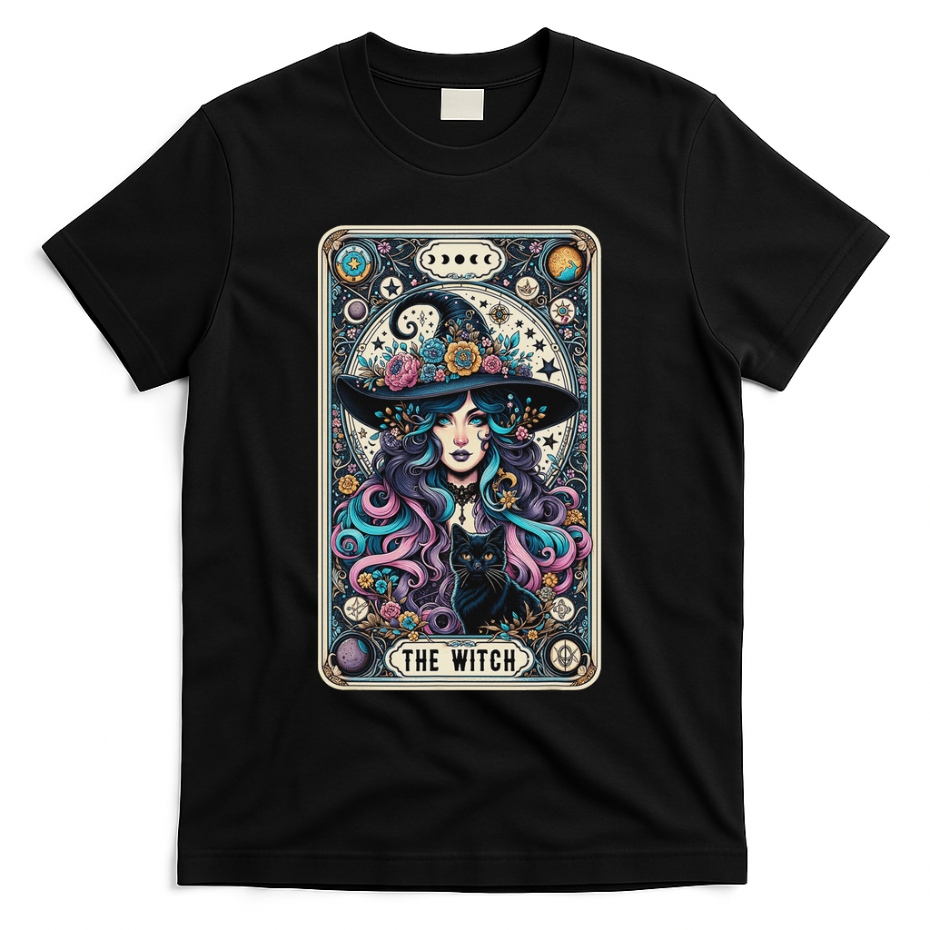 The Witch Cat Tarot Card Witch Vintage Gothic Halloween T-Shirt - Black