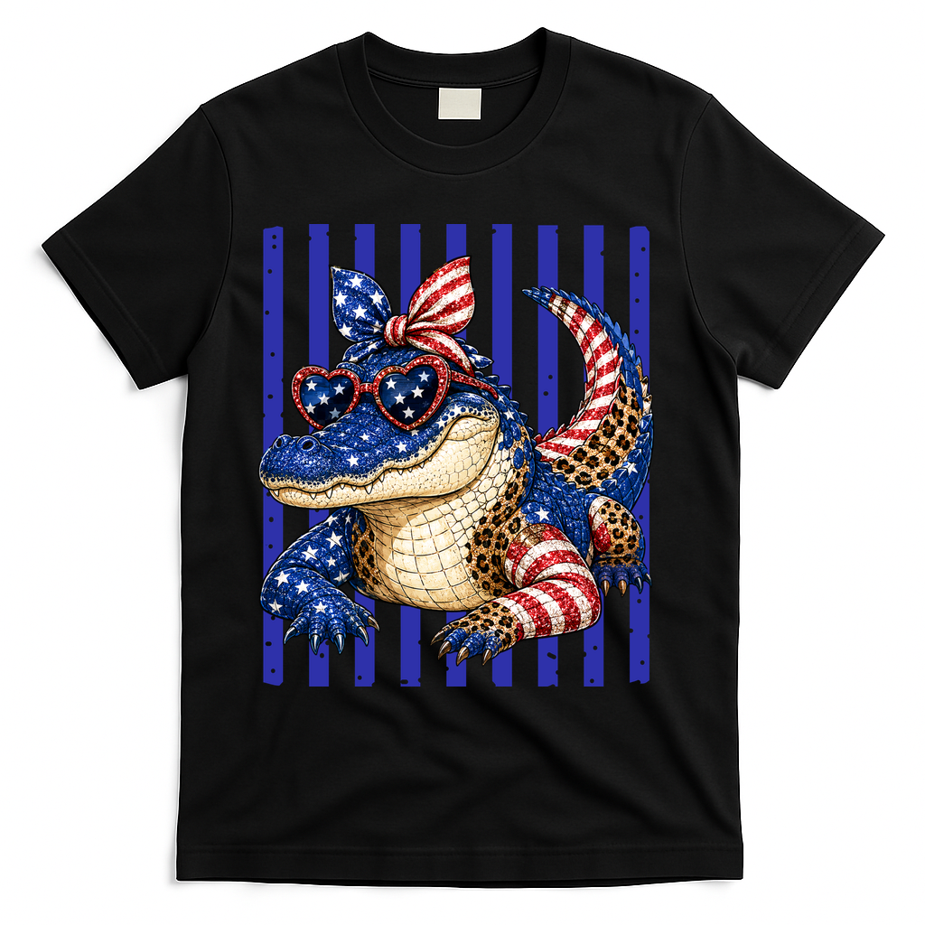 USA Patriotic 4th July Leopard Print Alligator Crocodile T-Shirt - Black