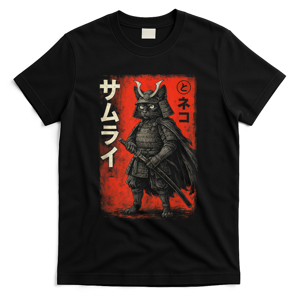 Vintage Anime Cat Samurai Japanese Funny Graphic Tees Cat T-Shirt - Black
