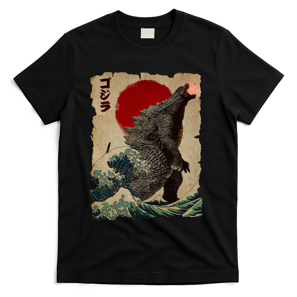 Vintage Japanese Monster Great Wave Poster T-Shirt - Black