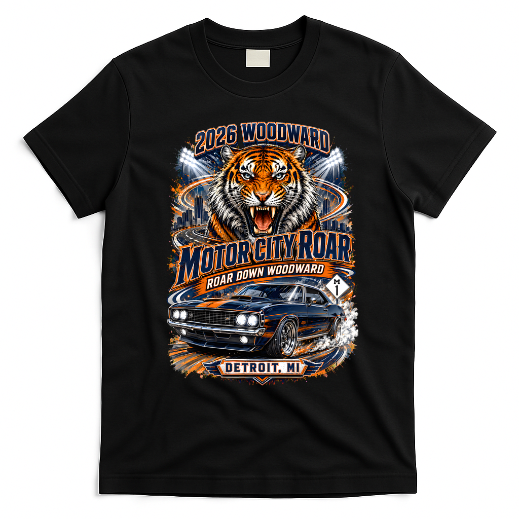 Wooward Ave 2026 Tigers Themed Roar Down M1 Car T-Shirt - Black