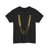 Gold Chain Graphic Tee — Black Shirt with Layered Necklace Design