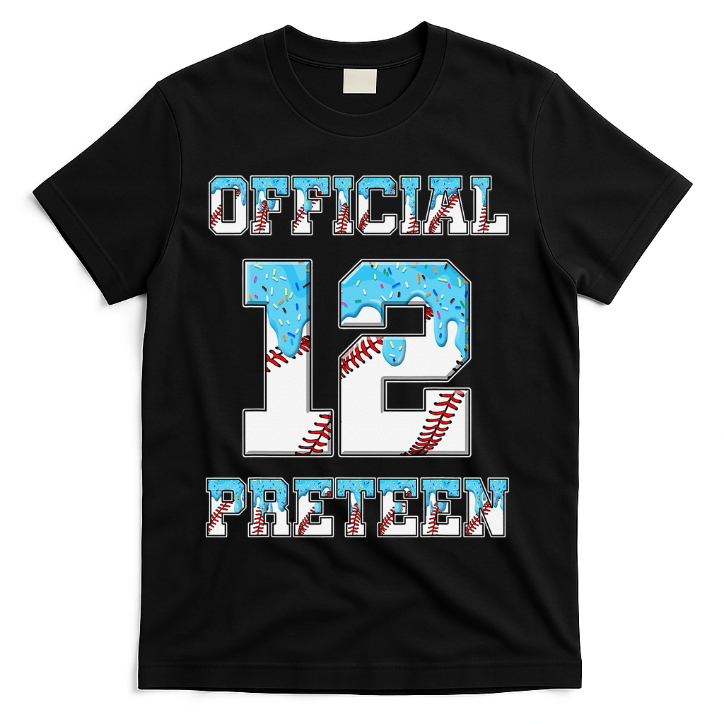 12th Birthday Baseball Drip Preteen T-Shirt - Black