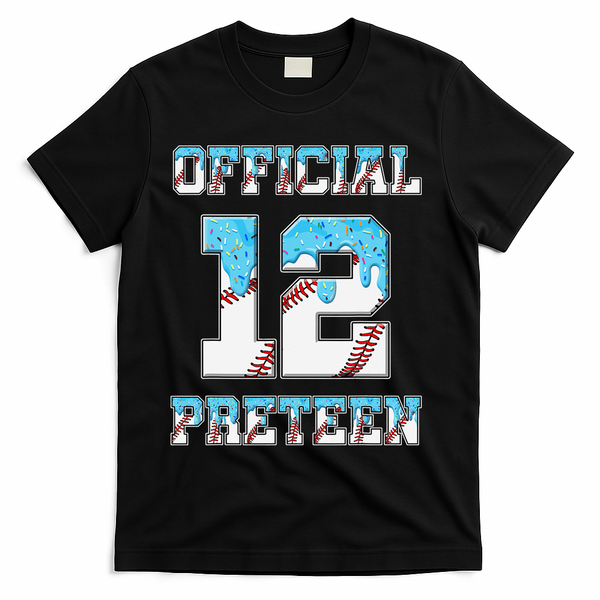 12th Birthday Baseball Drip Preteen T-Shirt - Black