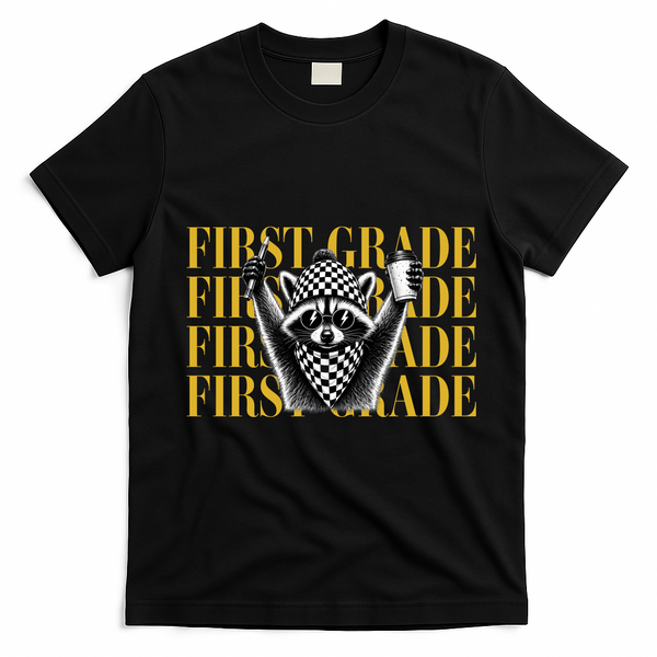 1st First Grade Raccoon Back To School T-Shirt - Black
