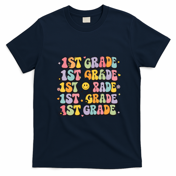 1st Grade Retro Floral Gift Teacher Students Back To School T-Shirt - Navy Blue