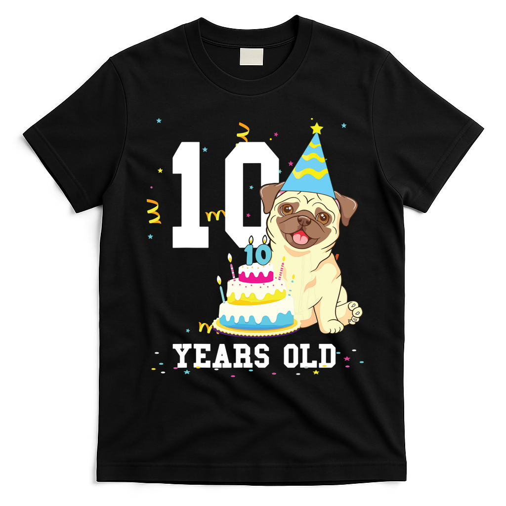 10 Years Old Birthday Pug Dog Lover Party Kids Boy Girl T-Shirt - Black