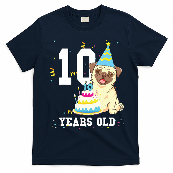 10 Years Old Birthday Pug Dog Lover Party Kids Boy Girl T-Shirt - Navy Blue