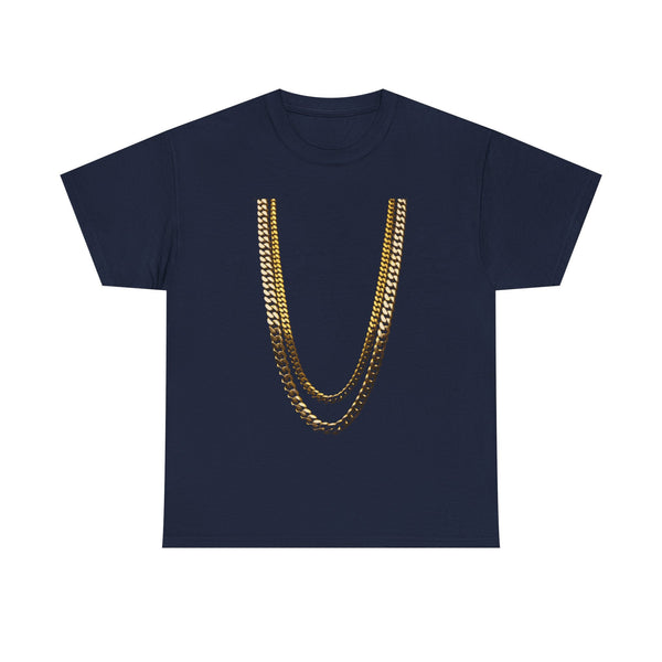 Gold Chain Graphic Tee — Black Shirt with Layered Necklace Design