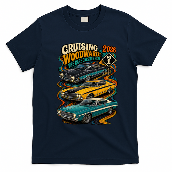 2026 Cruising Woodward: The Rare Ones Run Here T-Shirt - Navy Blue