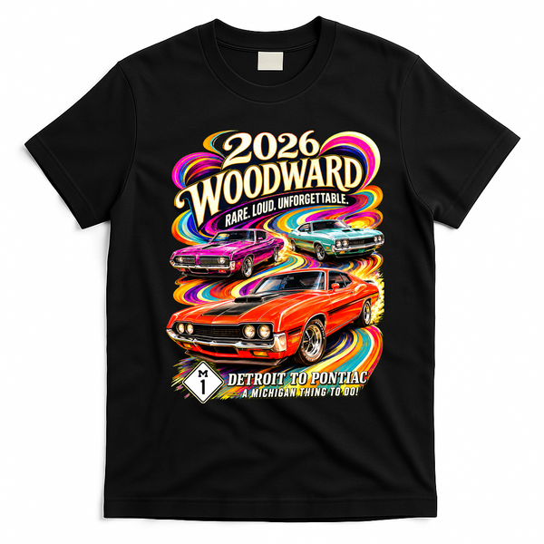 2026 Groovy Woodward Detroit To Pontiac Car Show T-Shirt - Black