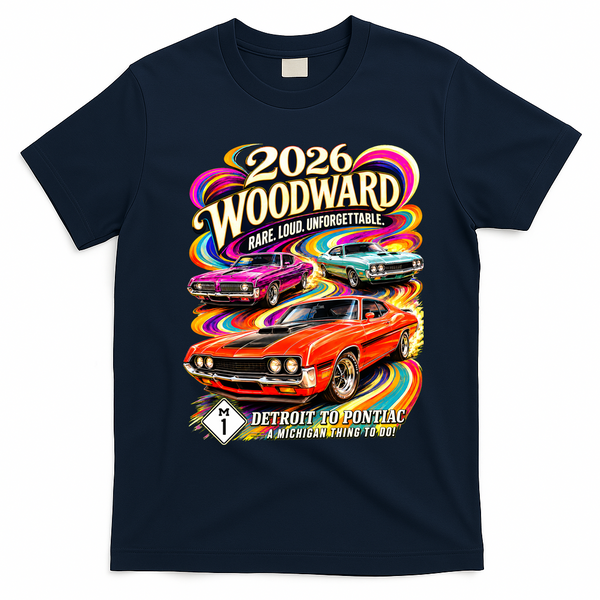 2026 Groovy Woodward Detroit To Pontiac Car Show T-Shirt - Navy Blue