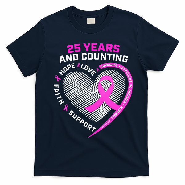 25 Years And Counting Hope Love Breast Cancer T-Shirt - Navy Blue