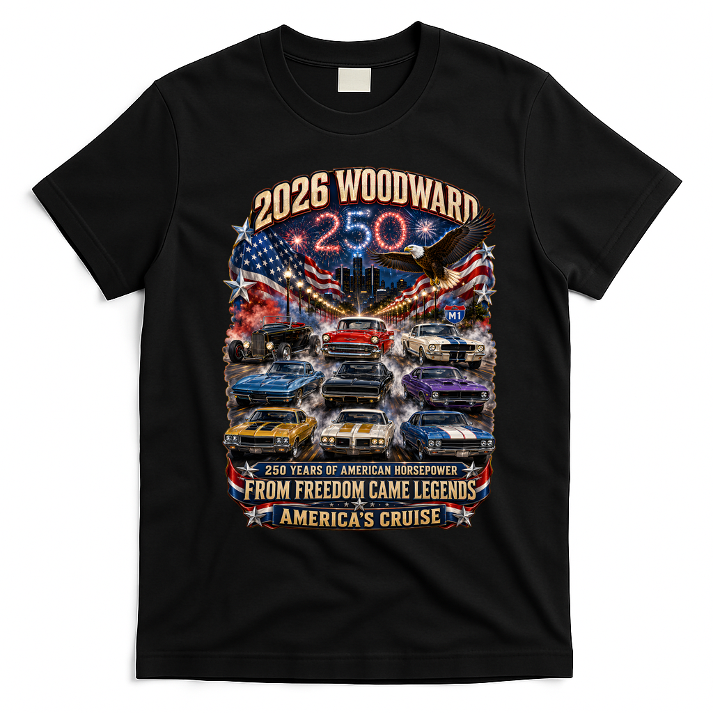 250 Years Of American Horsepower 2026 Woodward Cruising M1 T-Shirt - Black