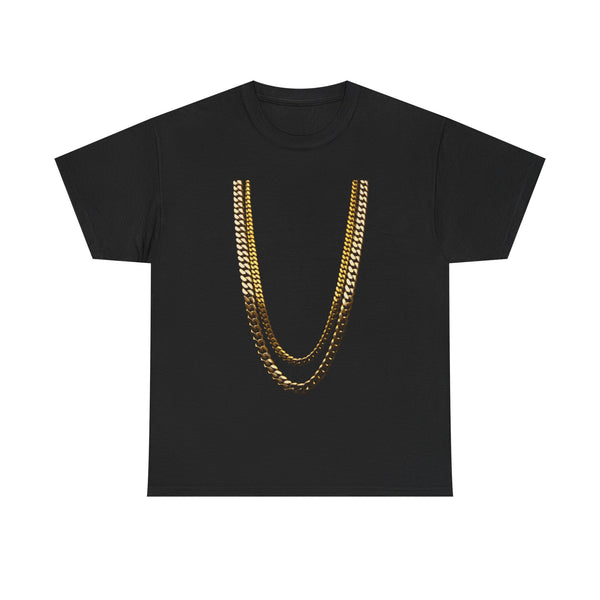 Gold Chain Graphic Tee — Black Shirt with Layered Necklace Design
