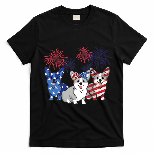 4th Of July American Flag Corgi Patriotic Dog T-Shirt - Black