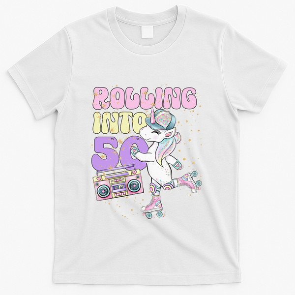 50th Birthday Roller Skate Party Unicorn Retro 90s Skating T-Shirt - White