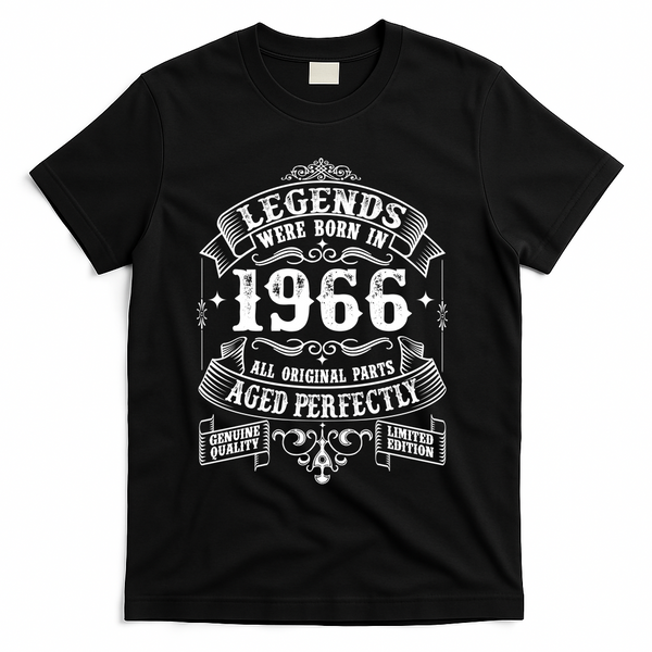 60th Birthday Vintage Scroll Border Legends Were Born Age Perfectly 1966 T-Shirt - Black