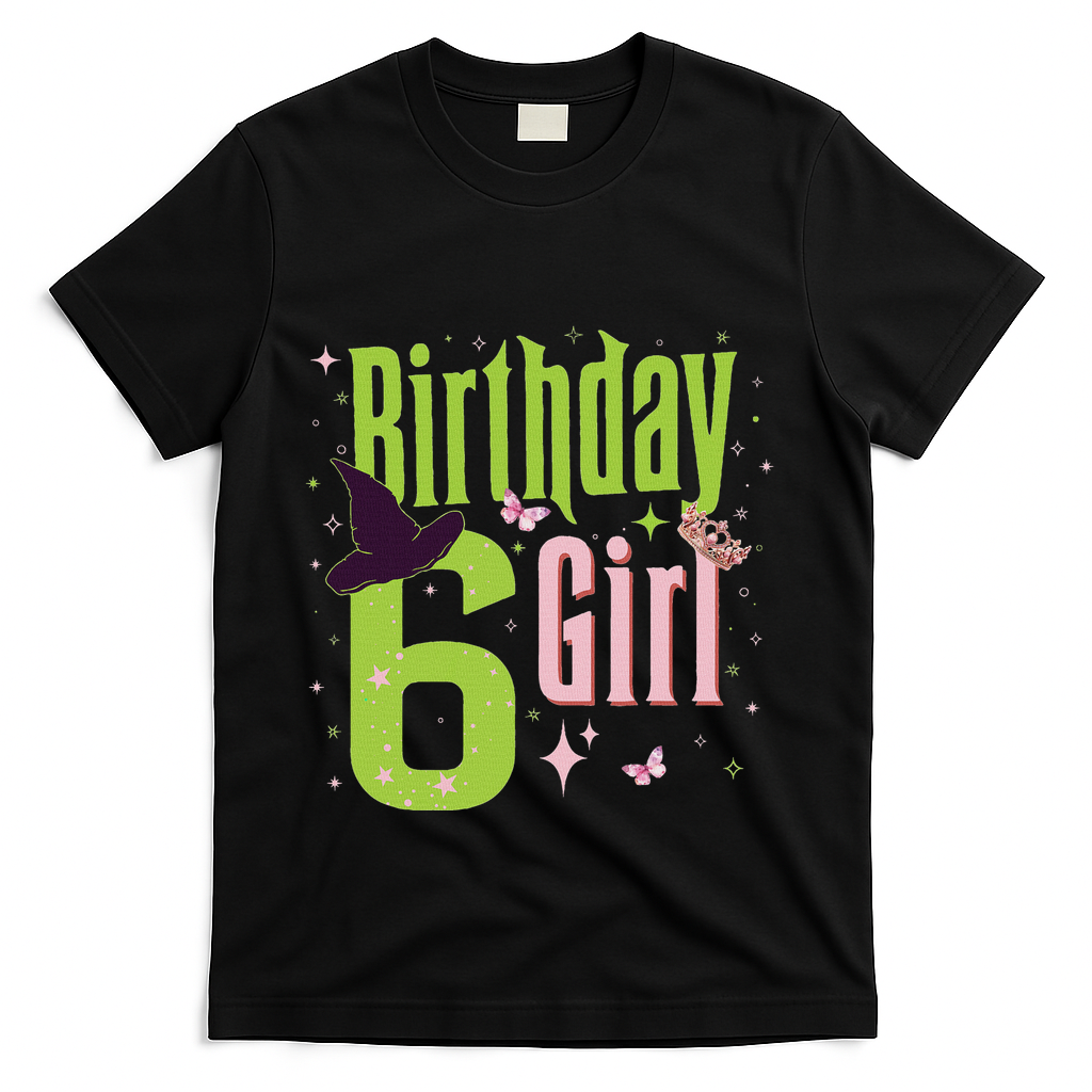 6th Birthday Witch And Green 6 Year Old Birthday Girl T-Shirt - Black
