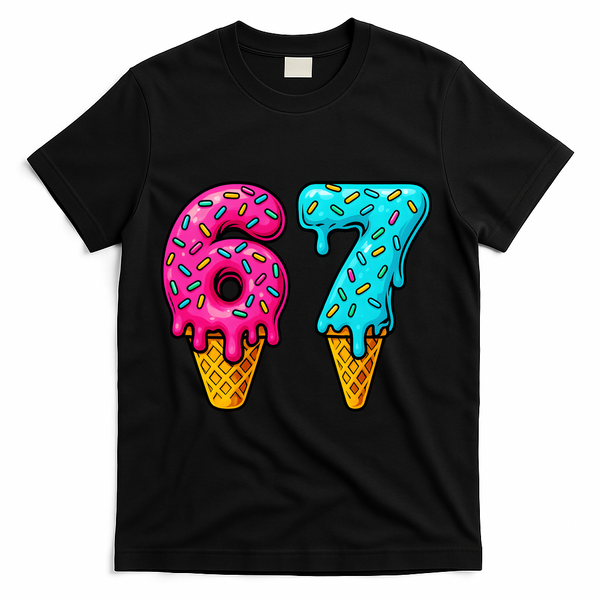 67 Ice Cream Cone Drip Number Sports 6-7 Meme T-Shirt - Black