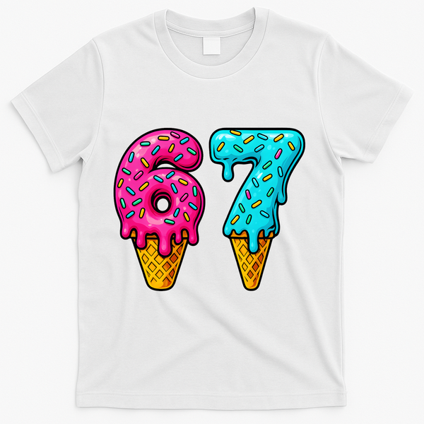 67 Ice Cream Cone Drip Number Sports 6-7 Meme T-Shirt - White