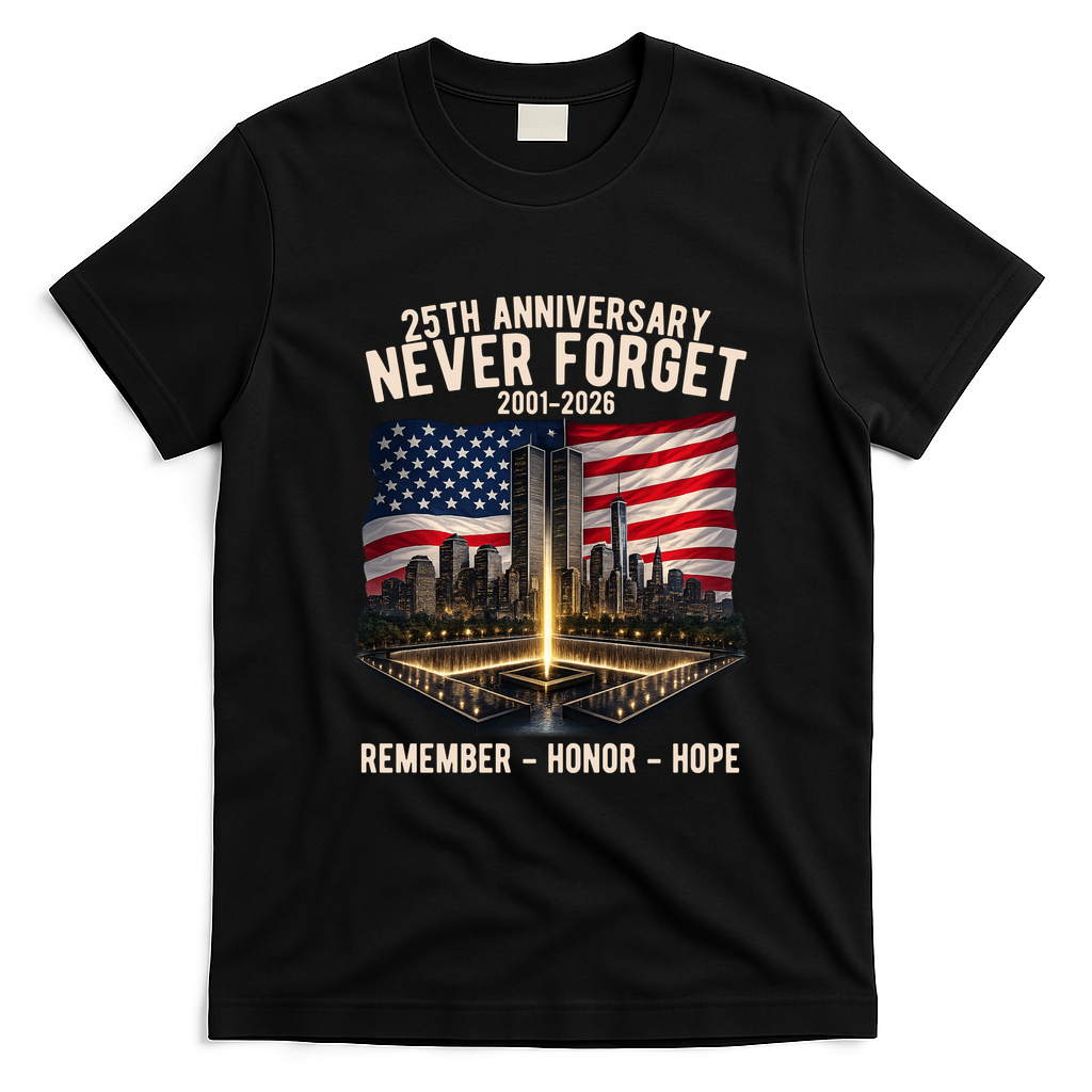 9/11 25th Anniversary Never Forget 911 Memorial 2001-2026 USA T-Shirt - Black
