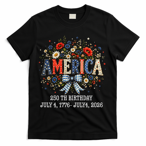 America 250th Birthday 2026 Patriotic Floral USA T-Shirt - Black