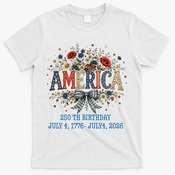 America 250th Birthday 2026 Patriotic Floral USA T-Shirt - White