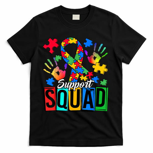 Autism Awareness Support Squad Family T-Shirt - Black