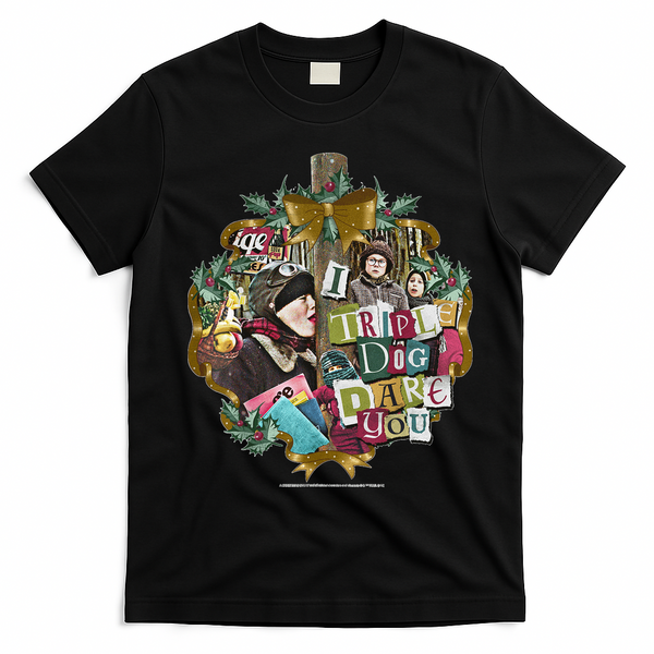 A Christmas Story I Triple Dog Dare You Collage Wreath T-Shirt - Black