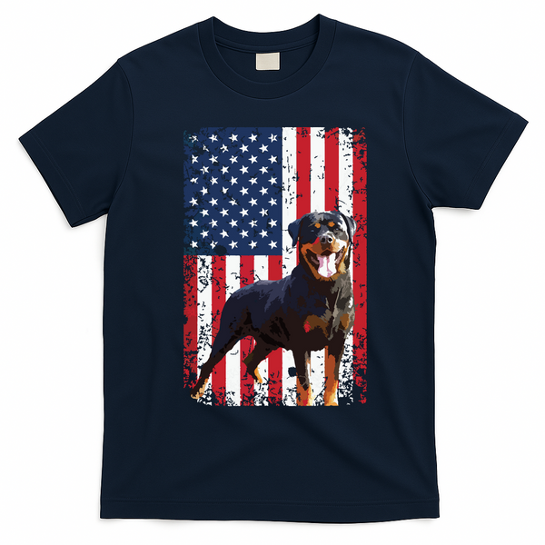 American Flag Rottweiler Dog Lover Funny 4th Of July Dog T-Shirt - Navy Blue