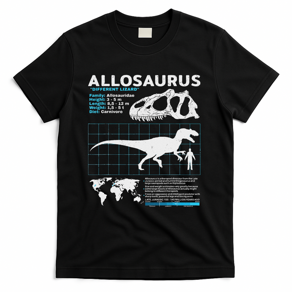 Allosaurus Fact Sheet Dinosaur Facts T-Shirt - Black