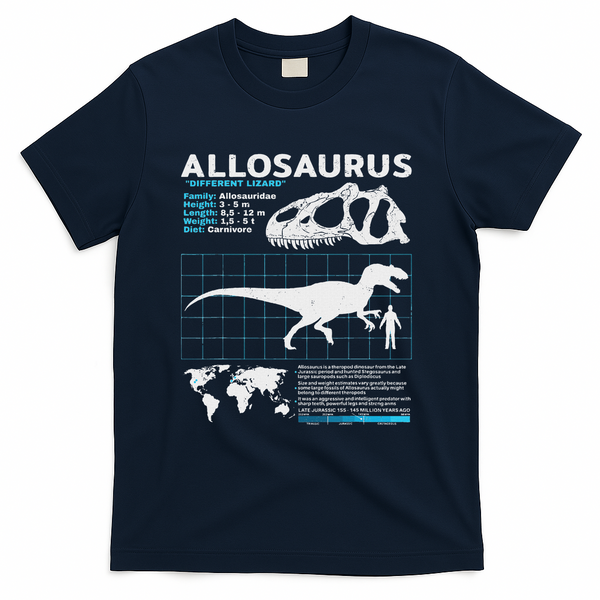 Allosaurus Fact Sheet Dinosaur Facts T-Shirt - Navy