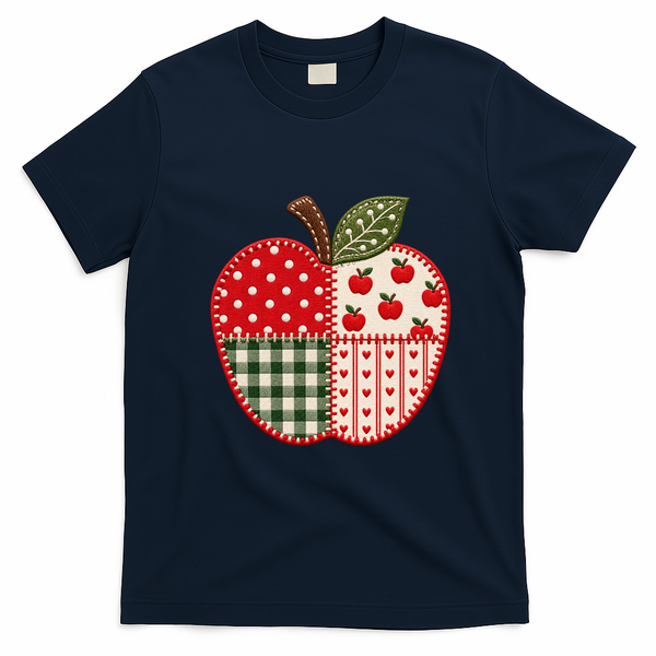 Apple Gingham Polka Dot Teacher Classroom Back To School T-Shirt - Navy Blue