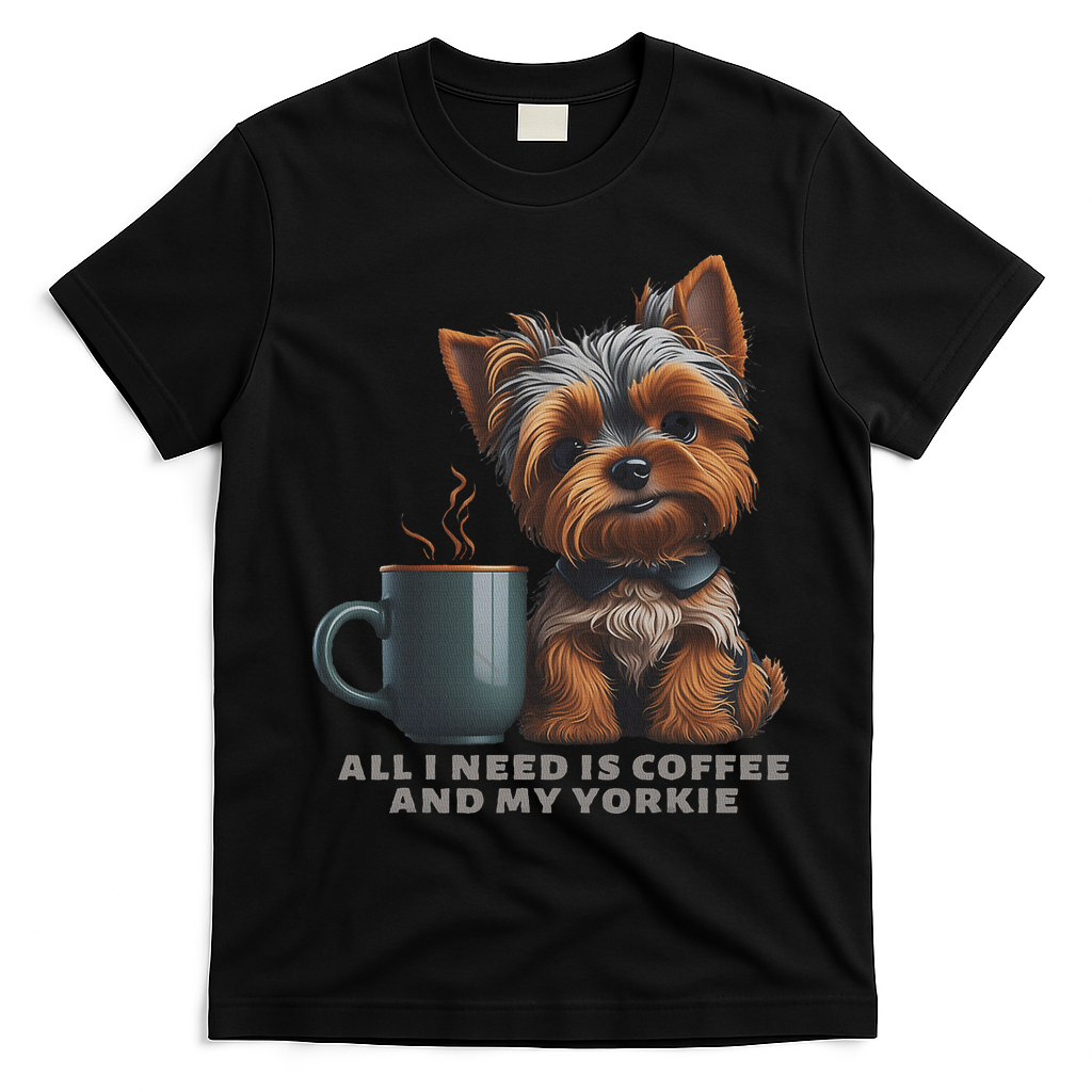 All I Need Is Coffee And My Yorkie Funny Yorkie Dog Mom T-Shirt - Black