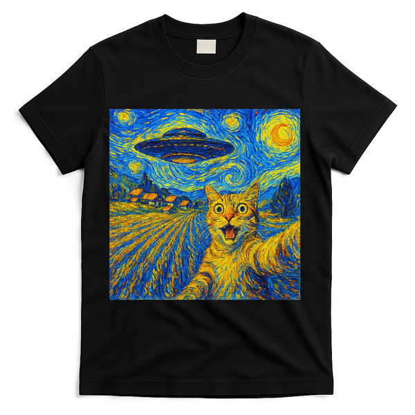 Alien Invasion Starry Night Cool Cat Lovers Gift Idea T-Shirt - Black