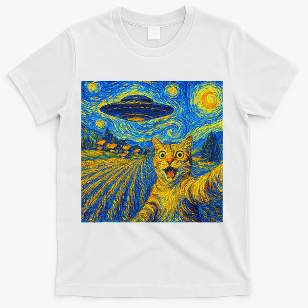 Alien Invasion Starry Night Cool Cat Lovers Gift Idea T-Shirt - White