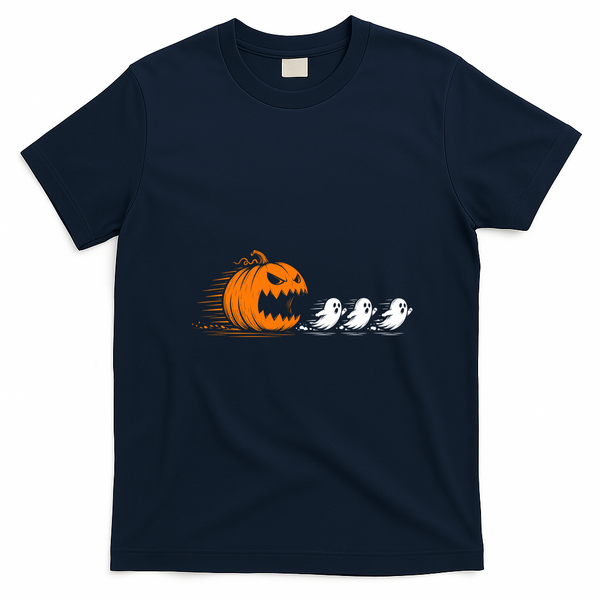 Angry Pumpkin Eating Ghost Halloween Video Gamer Retro Gaming T-Shirt - Navy Blue