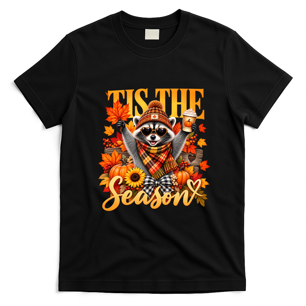 Autumn Raccoon Funny Tis The Season Fall Pumpkin T-Shirt - Black