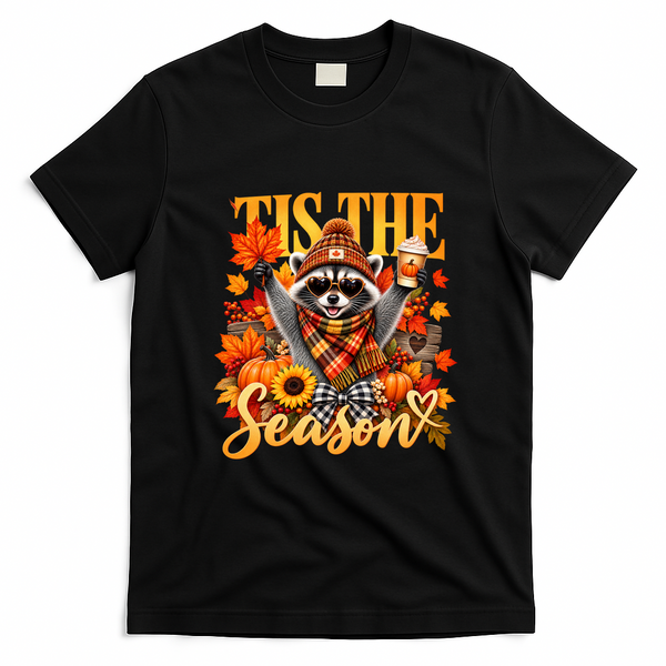 Autumn Raccoon Funny Tis The Season Fall Pumpkin T-Shirt - Black