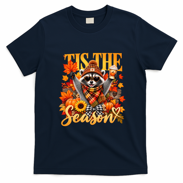 Autumn Raccoon Funny Tis The Season Fall Pumpkin T-Shirt - Navy Blue
