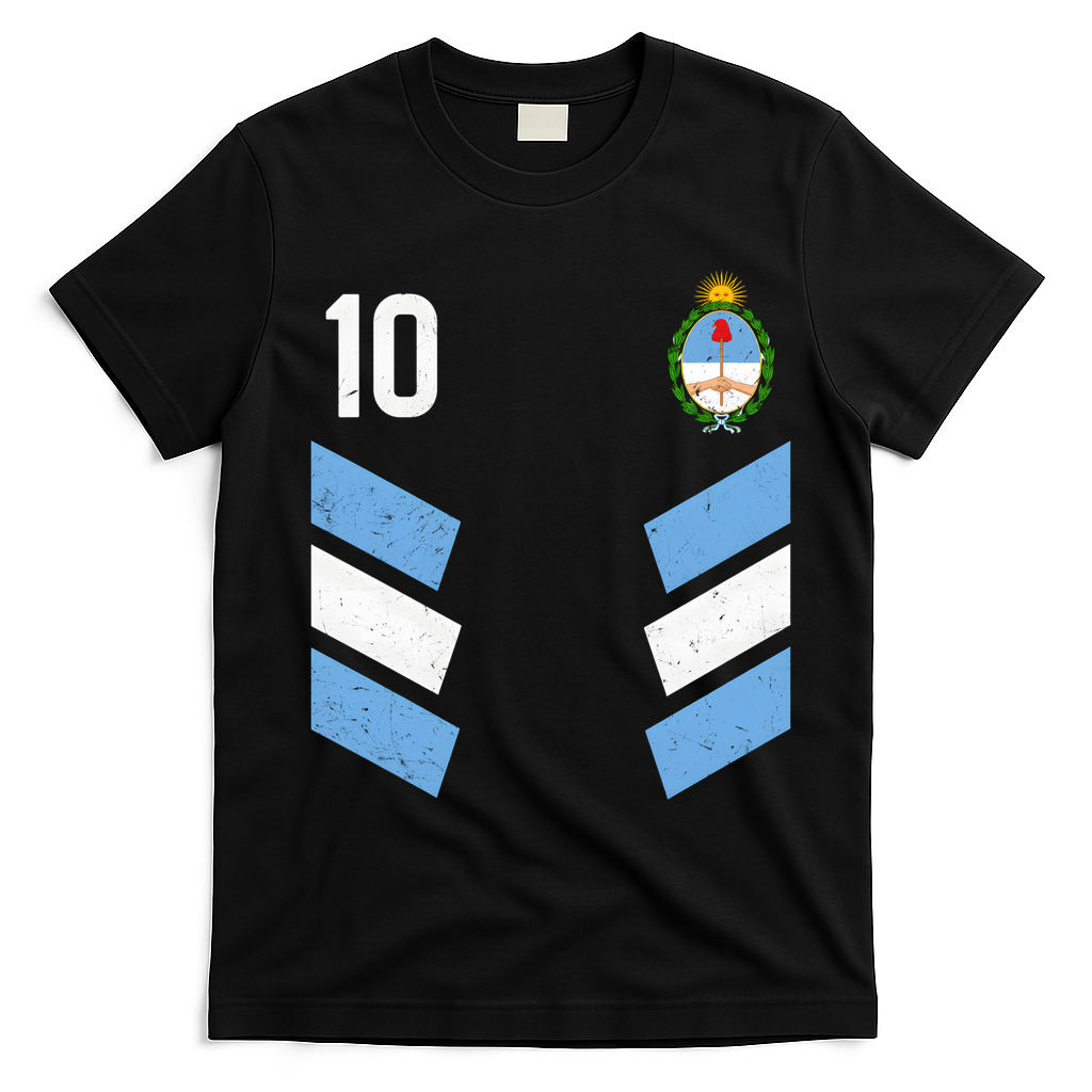 Argentina Soccer Team Jersey 10 Flag Elblem T-Shirt - Black
