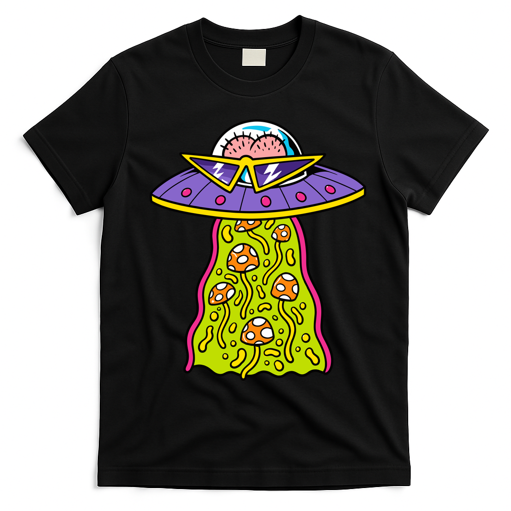 Alien UFO Funky Mushrooms Sci-Fi Fans T-Shirt - Black